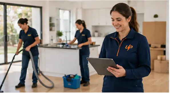 Urgent Pro coordinator reviewing cleaning scope while a cleaning team prepares equipment in a modern home