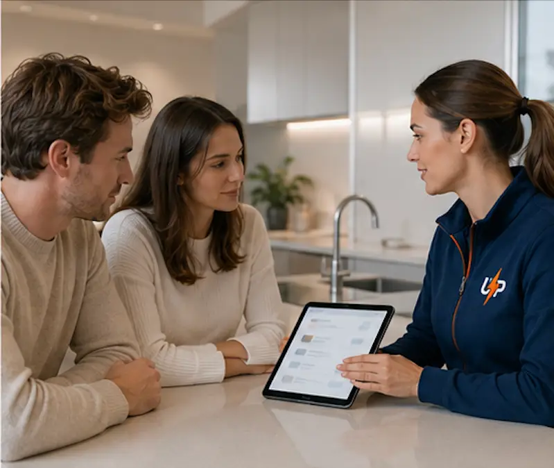 Urgent Pro coordinator explaining customer rights and service guarantees on a tablet