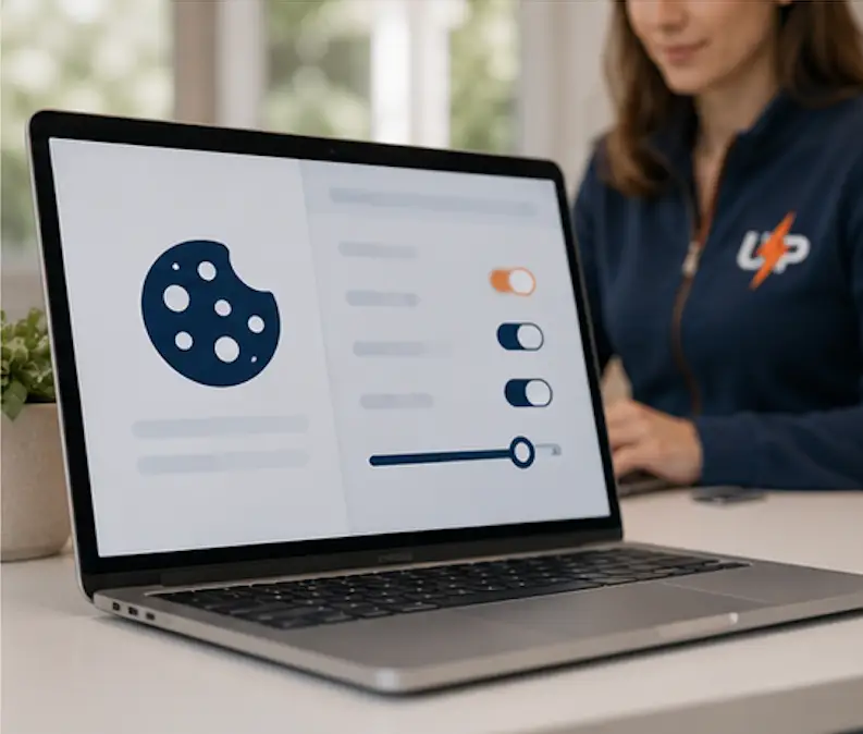 Laptop showing privacy and cookie settings for the Urgent Pro Cookie Policy page