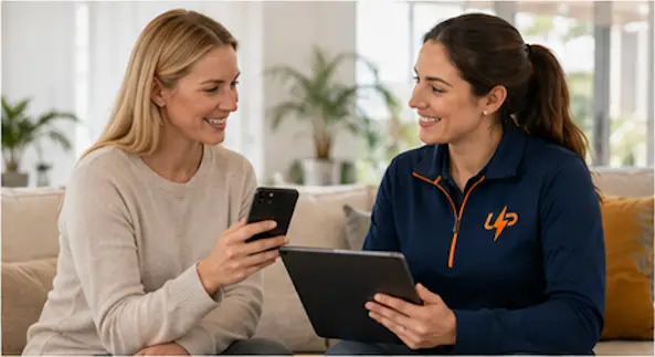 Customer receiving a booking confirmation while an Urgent Pro coordinator explains next steps