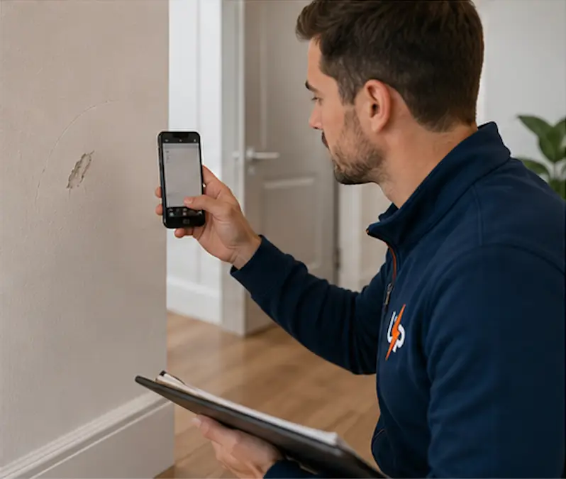 Urgent Pro coordinator photographing a minor property mark for damage claims assessment