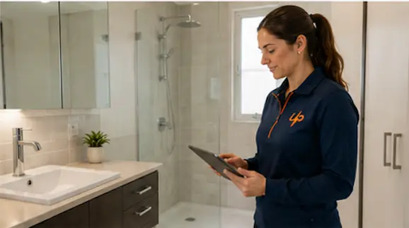 A URENT PRO supervisor in a navy uniform uses a tablet to check a clean modern bathroom with a glass shower, vanity, and mirror during an end-of-lease cleaning inspection.