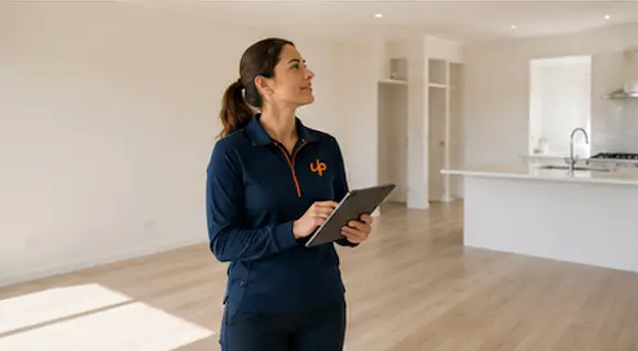 A URENT PRO supervisor in a navy uniform holds a tablet while inspecting a bright, empty modern rental property after end-of-lease cleaning.