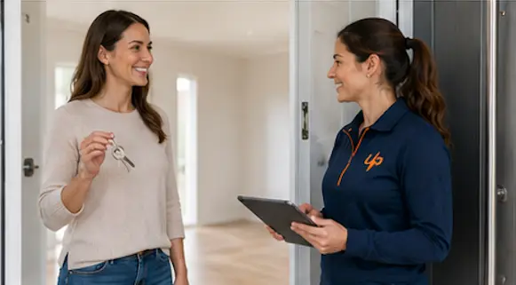 A URENT PRO supervisor holding a tablet smiles with a tenant returning keys at the doorway of a clean, empty rental property after end-of-lease cleaning.