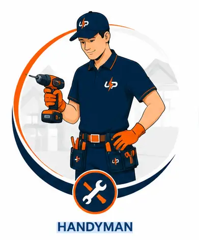 Urgent Pro handyman in navy uniform holding a cordless drill with a tool belt and handyman service icon below.