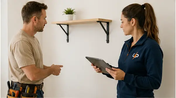 Urgent Pro coordinator checking a completed handyman installation with a service professional