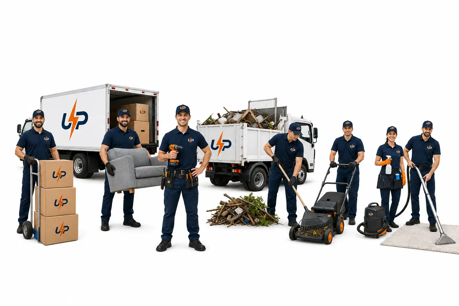Urgent Pro home services team in Australia providing removalists, junk removal, lawn care, handyman, cleaning, and carpet cleaning services with branded trucks and uniforms