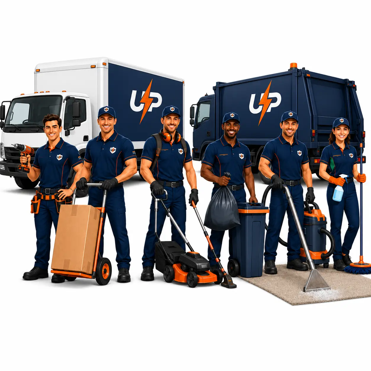 Urgent Pro home services team with UP branded trucks, showing handyman services, removalists, lawn care, junk removal, cleaning services, and carpet cleaning on a white background.
