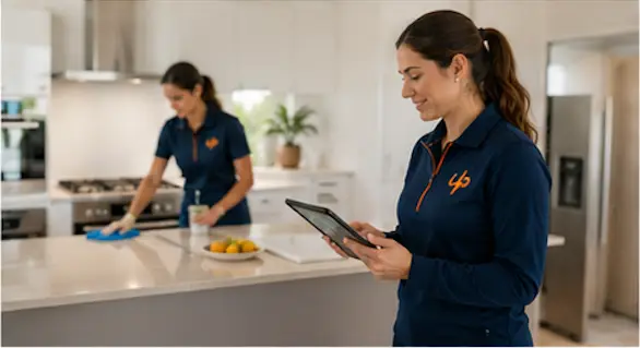 A URENT PRO supervisor in a navy uniform uses a tablet to check a modern kitchen while another cleaner wipes the island bench during a professional house cleaning service.