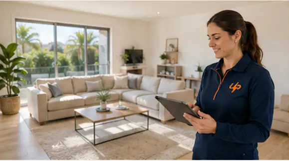 A URENT PRO supervisor in a navy uniform uses a tablet to check a bright, tidy living room with a sectional sofa, coffee table, plants, and large windows during house cleaning inspection.