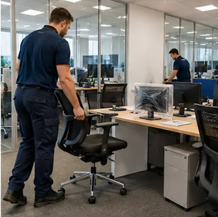 Urgent Pro office removalists carefully moving ergonomic office chairs and workstation equipment through a modern commercial office during a professional business relocation service.