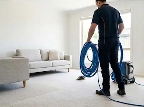 Urgent Pro carpet cleaning technician preparing professional steam cleaning equipment in a bright living room before deep cleaning residential carpets.
