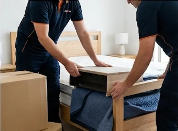 Urgent Pro removalists carefully disassembling and preparing bedroom furniture for transport during a professional home moving service.