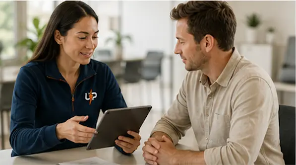 Urgent Pro coordinator explaining independent contractor status to a service provider on a tablet