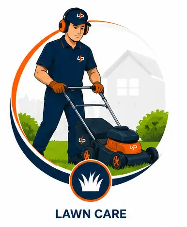 Urgent Pro lawn care worker mowing a green residential lawn with a push mower in front of a suburban home.
