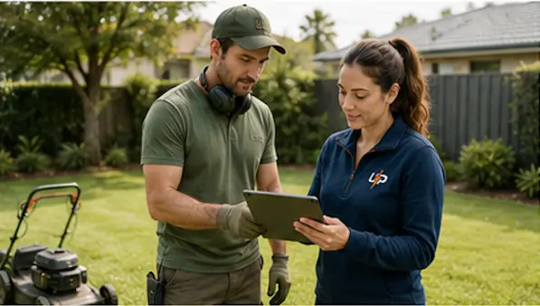 Urgent Pro coordinator reviewing a completed lawn mowing service with a garden professional