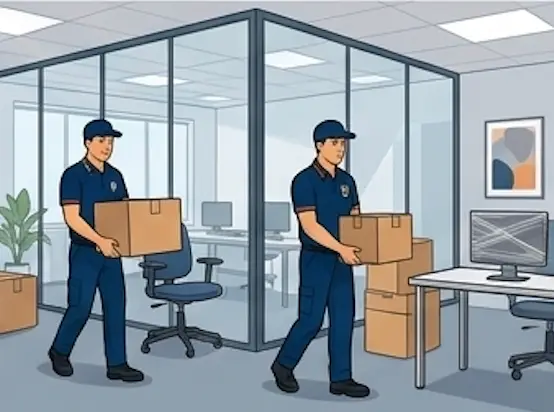 Urgent Pro office removalists carrying boxes and moving office chairs, desks and computer equipment through a modern workplace