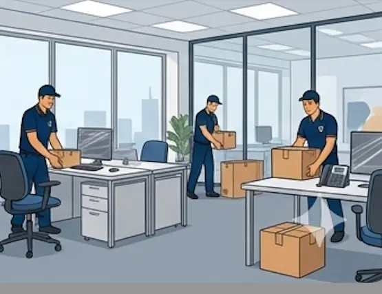 Urgent Pro office removalists placing boxes, desks, chairs and wrapped computer equipment into a new office space