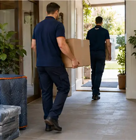 Urgent Pro removalists carrying moving boxes and transporting household items during a professional residential relocation service at a modern home.