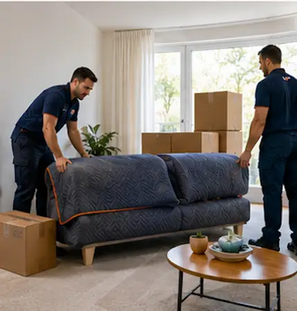 Urgent Pro removalists carefully lifting and protecting a fabric sofa with padded moving blankets during a professional residential furniture relocation service.