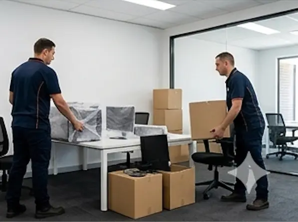 Two professional office movers in navy uniforms carefully relocating computers, desks, office chairs, and cardboard boxes inside a modern office workspace during a commercial office move.