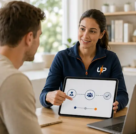 Urgent Pro coordinator explaining the booking agency model to a customer using a tablet