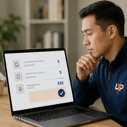 Urgent Pro team member reviewing a transparent service quote with pricing and approval details