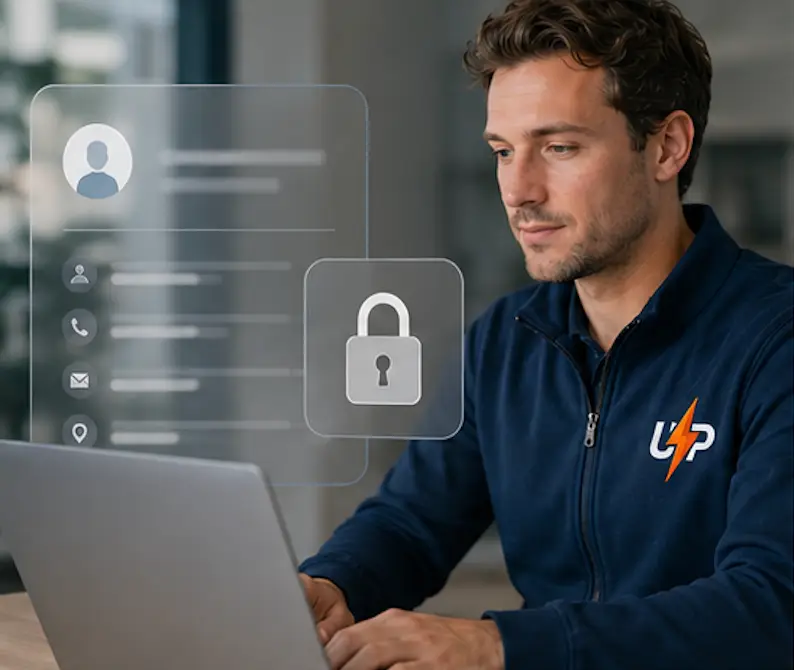 Urgent Pro support team member beside a secure customer data interface for privacy policy page