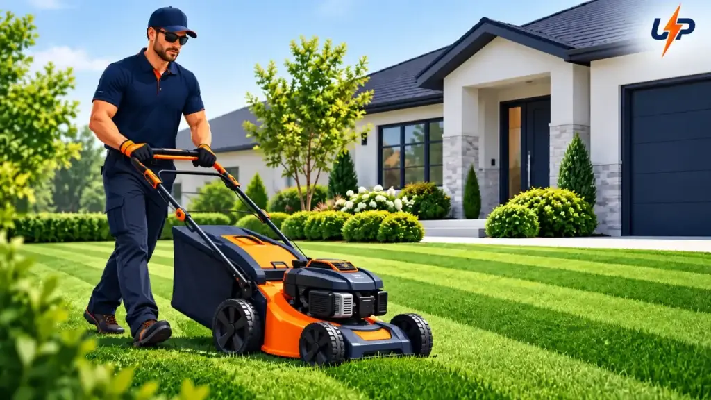 Provider mowing a striped front lawn at a suburban home in Australia