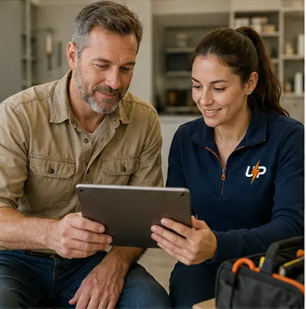 Urgent Pro coordinator reviewing service provider terms with a professional contractor on a tablet