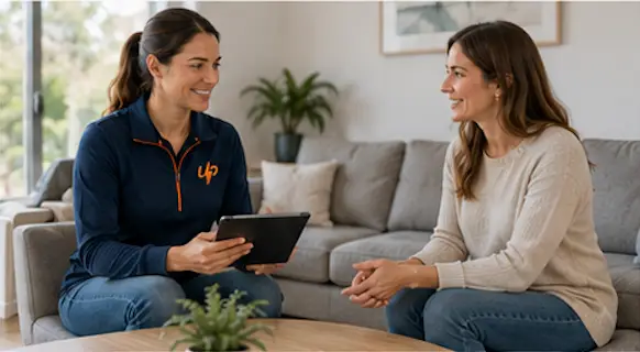 ugent pro coridinator wearing navy blue uniform with apad talking to customer in the living room
