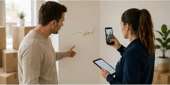 Urgent Pro coordinator photographing a minor wall scuff after a removalist service