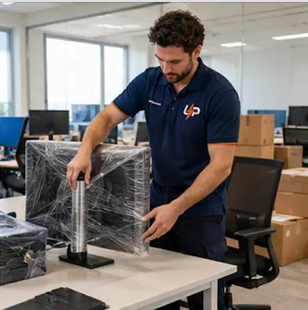 Professional Urgent Pro removalist wrapping office furniture and equipment for a safe move.