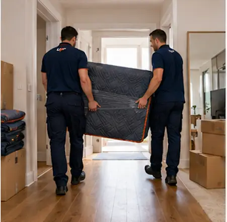 Urgent Pro removalists carrying a furniture item wrapped in protective moving blankets through a modern home during a professional relocation service.