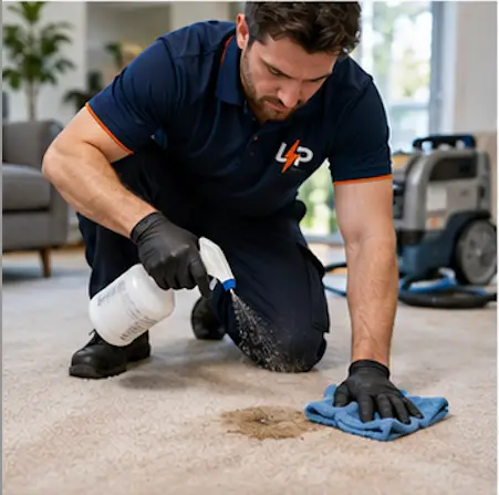 Urgent Pro carpet cleaning professional treating a carpet stain by hand using specialised stain removal solution and microfibre cloth in a modern living room.