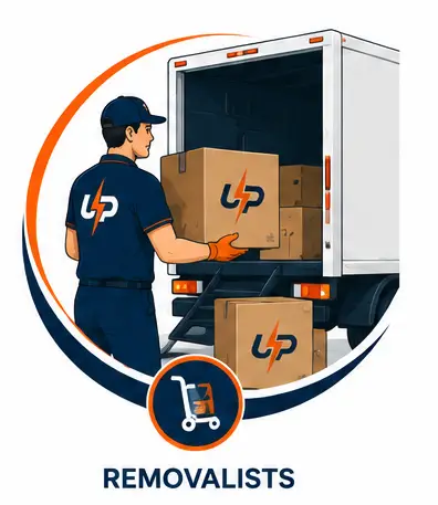 Urgent Pro removalist carrying moving boxes into a white moving truck with additional packed boxes nearby.