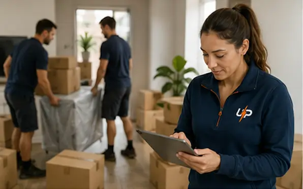 Urgent Pro coordinator checking move completion on a tablet while movers handle boxes in a home