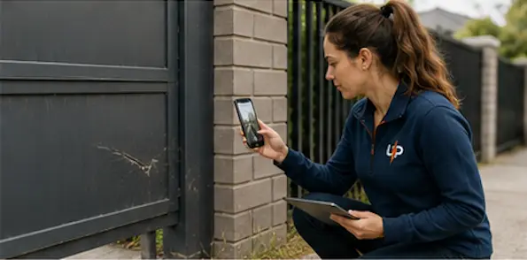 Urgent Pro coordinator inspecting a gate scrape after rubbish removal access