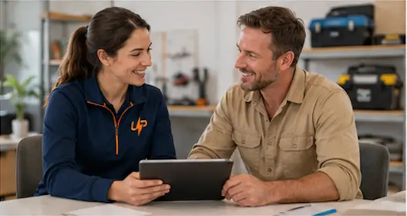 Urgent Pro coordinator reviewing a completed service checklist with a customer in a living room