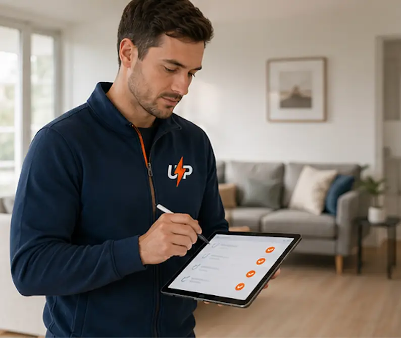 Urgent Pro coordinator checking completed home service work using a digital quality checklist