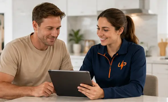 Urgent Pro coordinator explaining home service options to a customer at a kitchen bench
