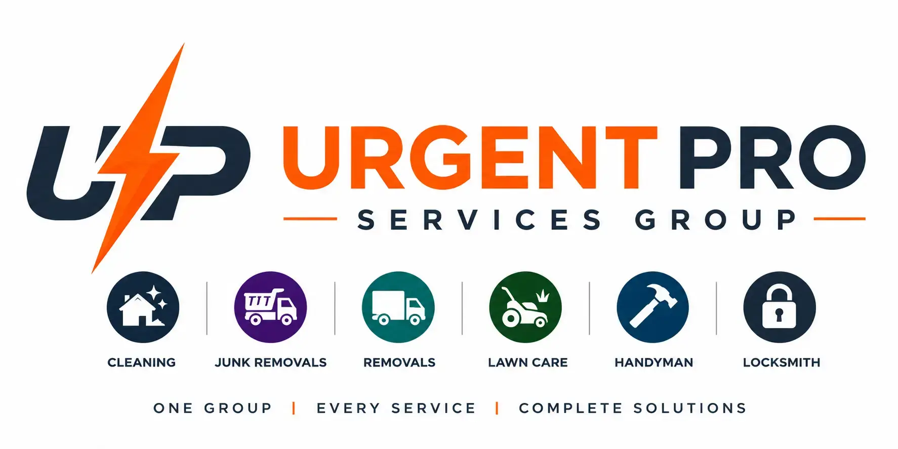 Urgent Pro Logo showing cleaning, junk removals, removals, lawn care, handyman and locksmith services in a single logo