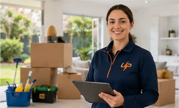 Urgent Pro coordinator standing in a modern home with cleaning supplies moving boxes tools and garden service cues