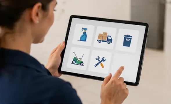 Urgent Pro coordinator using a tablet with home service category icons for booking options