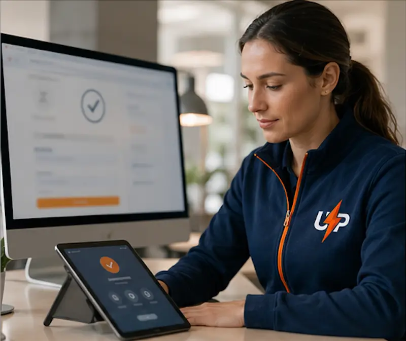Urgent Pro coordinator reviewing a digital booking confirmation for terms of service transparency