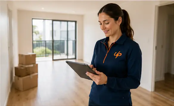 Urgent Pro coordinator reviewing a vacate cleaning checklist on a tablet inside an empty rental apartment with clean timber floors, moving boxes near the doorway and a bright balcony window ready for move out cleaning