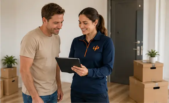 Tenant and Urgent Pro coordinator reviewing the move out cleaning scope on a tablet beside packed boxes near the front door before vacate cleaning and key handover