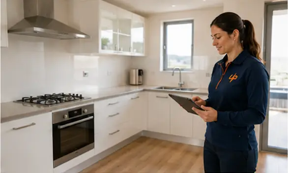 Urgent Pro coordinator checking a modern empty rental kitchen after a vacate clean, including the oven, rangehood, gas cooktop, cupboards, benchtops, sink and floor areas before moving out