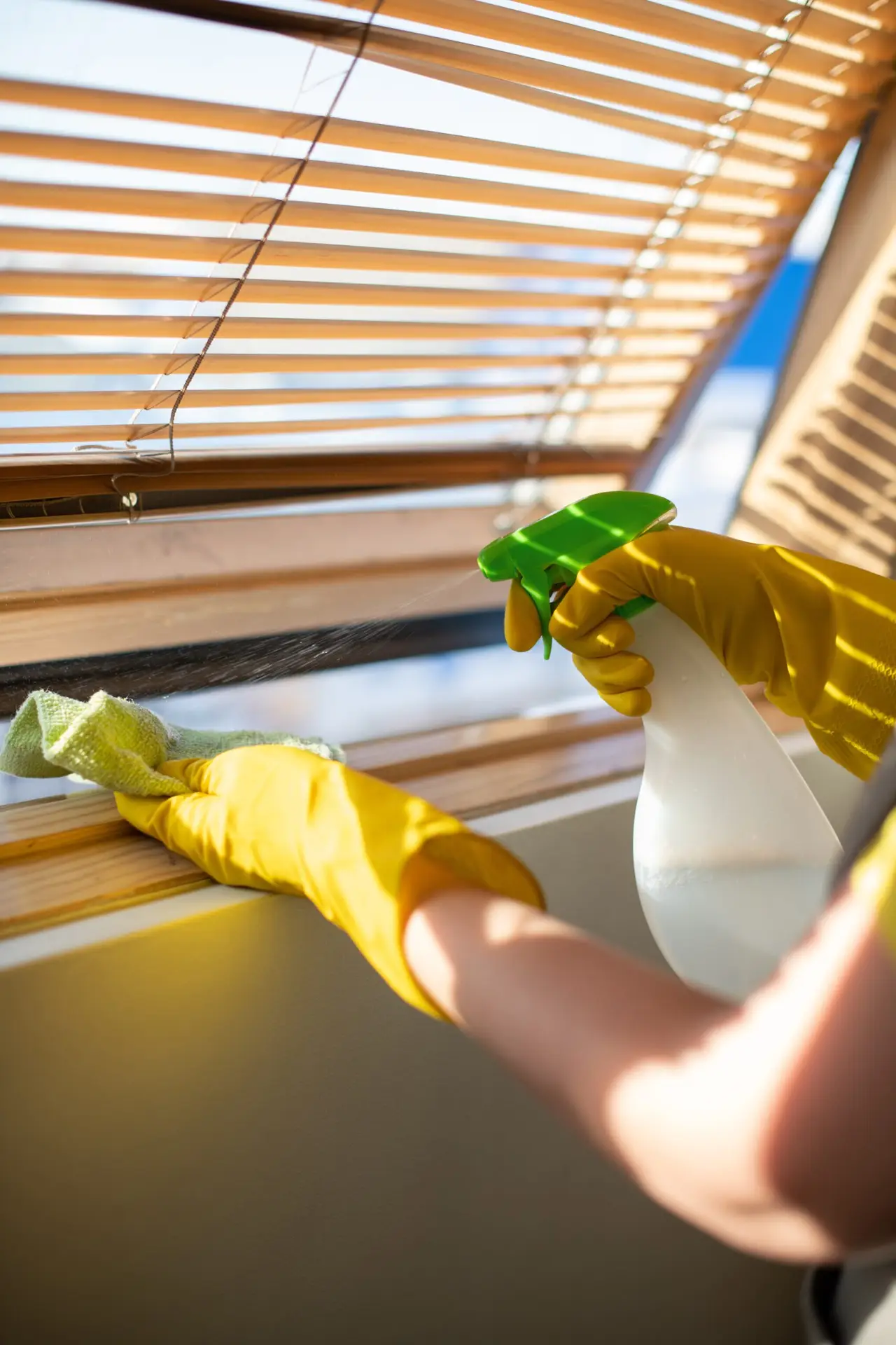 An Urgent Pro cleaner cleaning the tracks of the sliding windows in an empty Brisbane rental living room with a cotton bud and wet cloth, removing built-up dirt and grime from the narrow channels before the property inspection