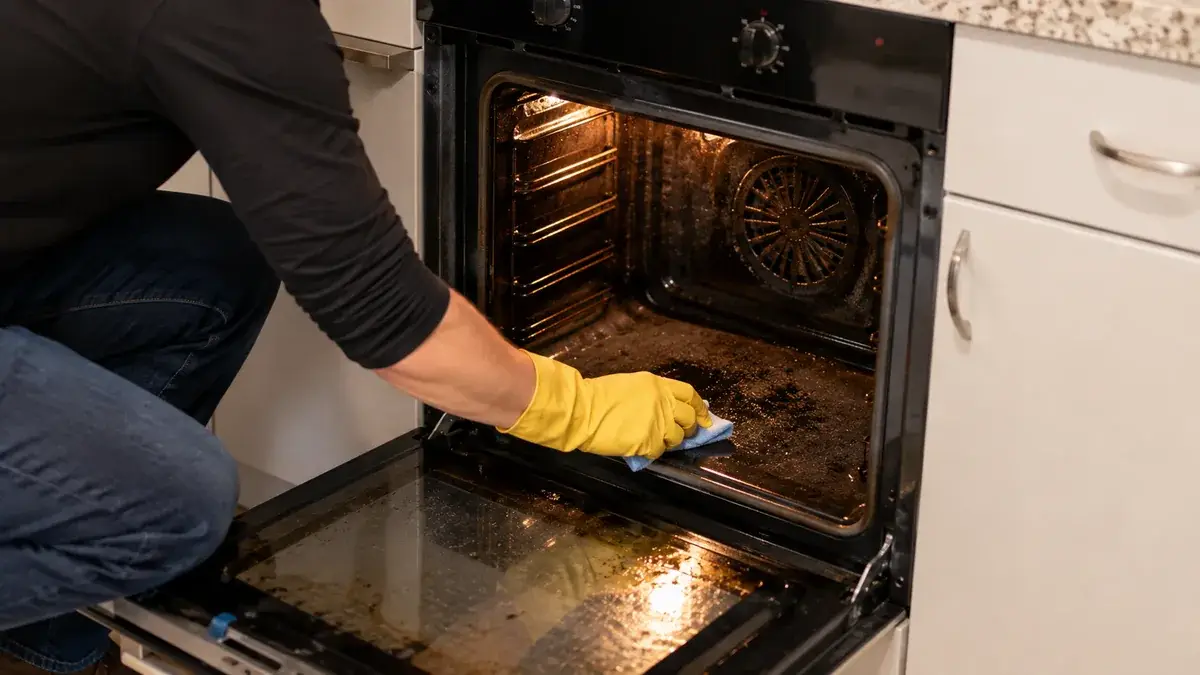 Cleaner in yellow rubber gloves scrubbing the interior of a heavily soiled oven during a Perth vacate clean